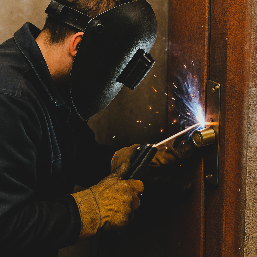 Primer plano de un soldador con careta de protección negra y guantes de carnaza trabajando con un electrodo en la zona de la cerradura de una puerta metálica, generando chispas brillantes.
