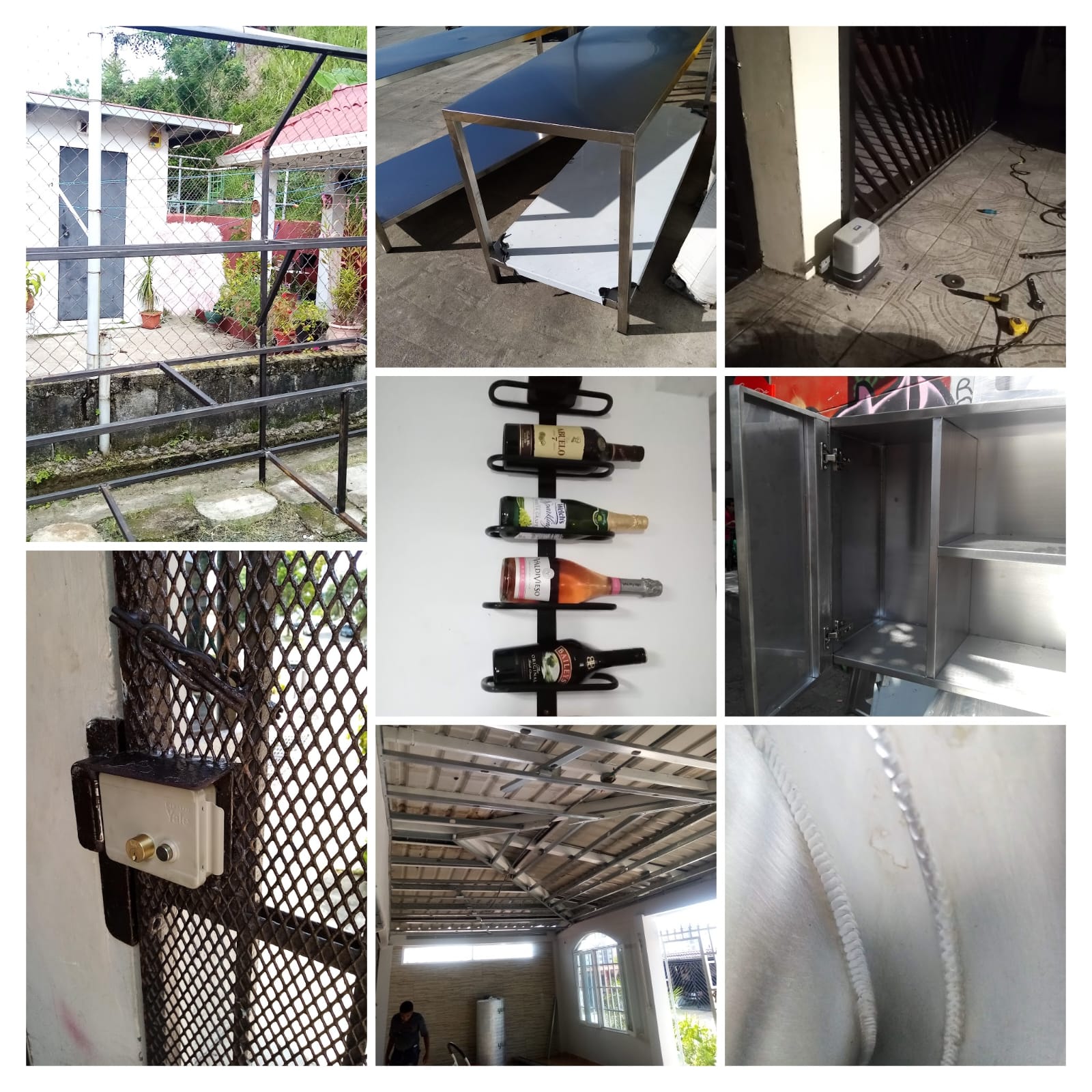Múltiples vistas de trabajos de soldadura y estructuras metálicas en Panamá, incluyendo techos de acero, estantes de aluminio, portones de seguridad y gabinetes de acero inoxidable.